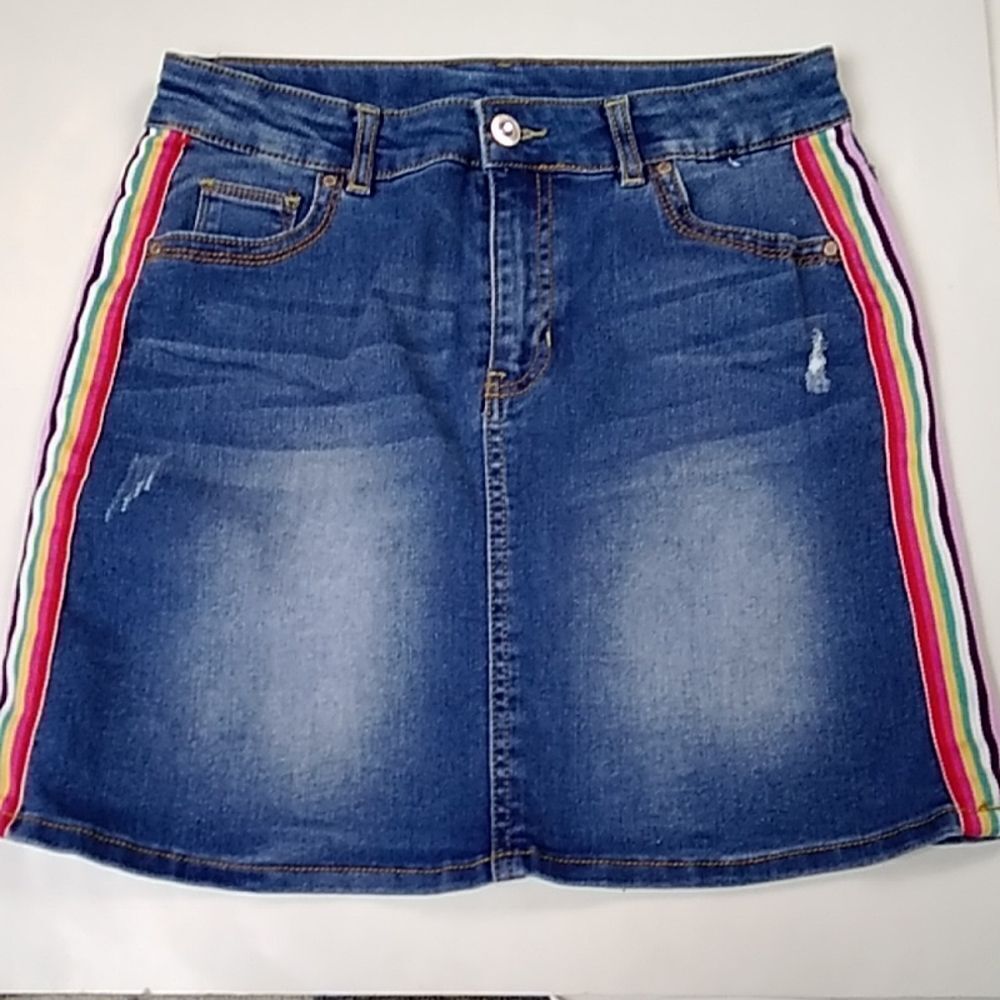 Wonder Nation Distressed Blue Jean Rainbow Striped Mini Skirt Sz14/16 /XL Junior